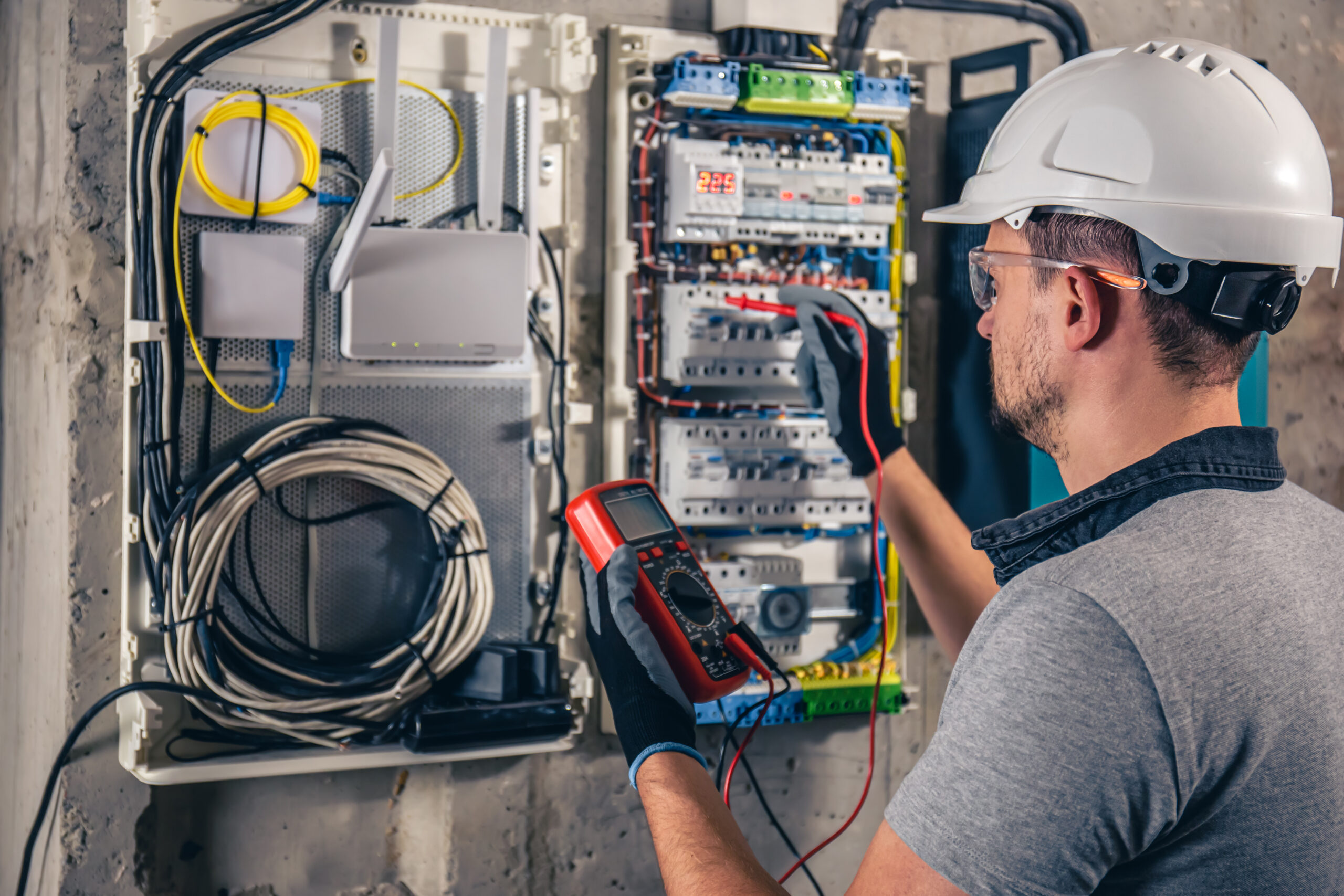 Expert Electrician Working on a service panel installation in Stockton Home